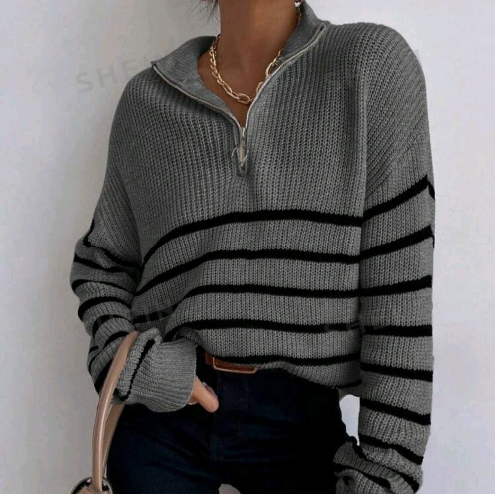 Shein Sweater Quarter Zip-Up Grey and Black Large Cropped - Picture 8 of 10